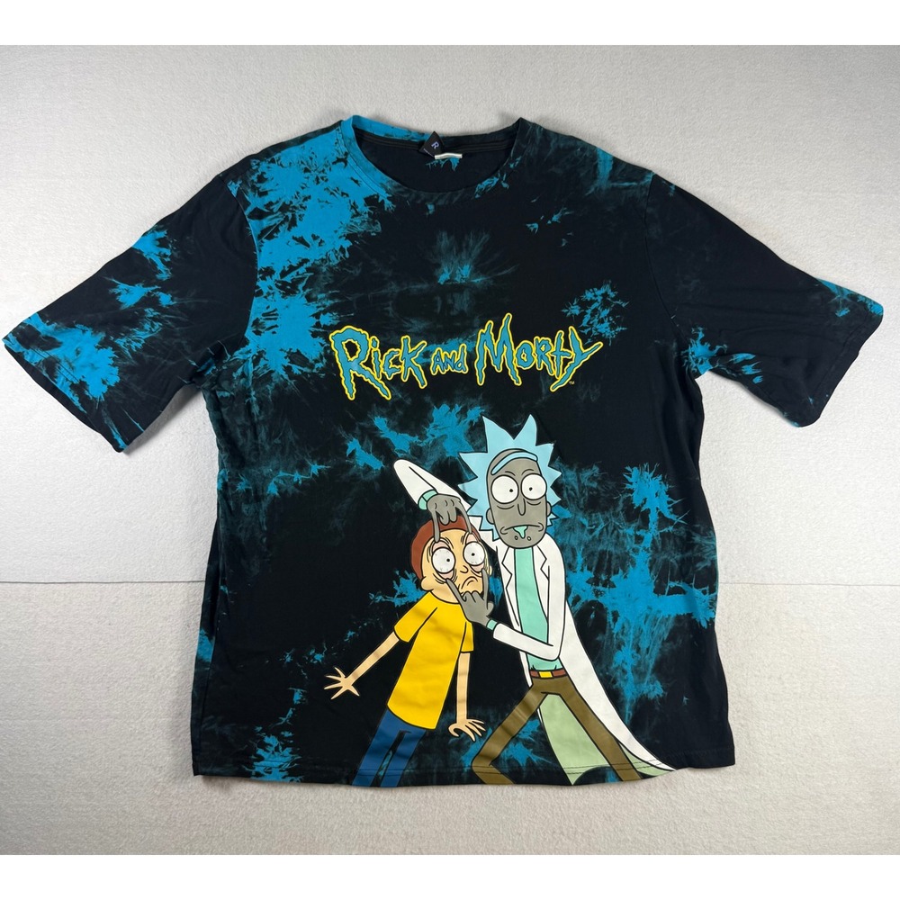 Romwe Rick and Morty Tie Dye Graphic T-Shirt Mens XXL Black Blue Adult Swim Tee